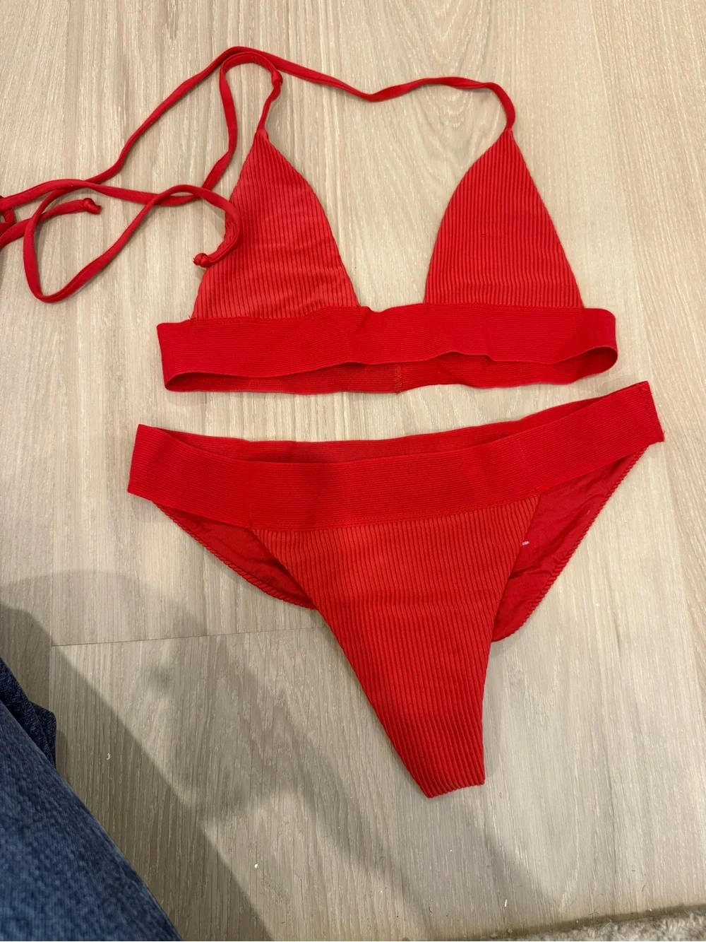 Frankie's Bikinis Red Ribbed Triangle Bikini Set